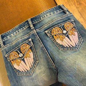 Rebel & Soul Sexy Light Skinny Wash Boot Cut Angel Wings Stretch Blue Jeans